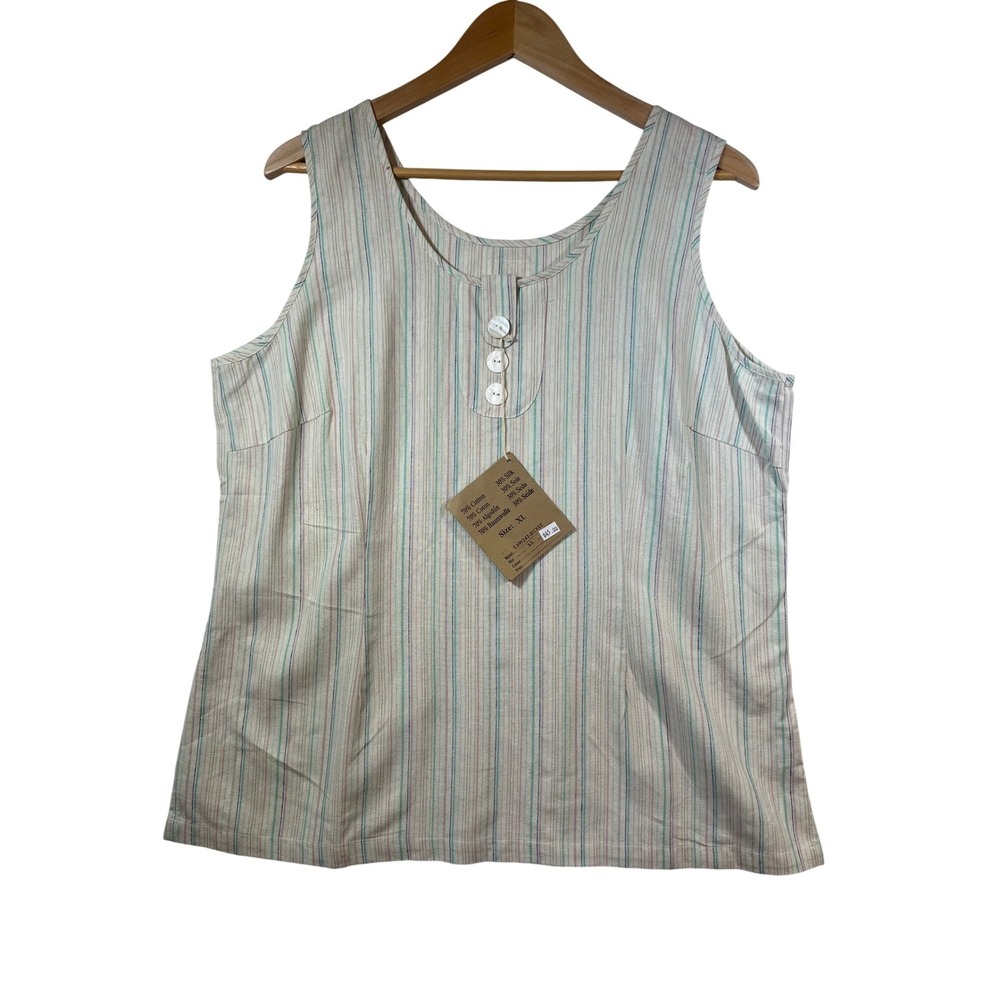 The Earth Collection Womens XL Cotton Silk Striped Tank Top Sleeveless Button